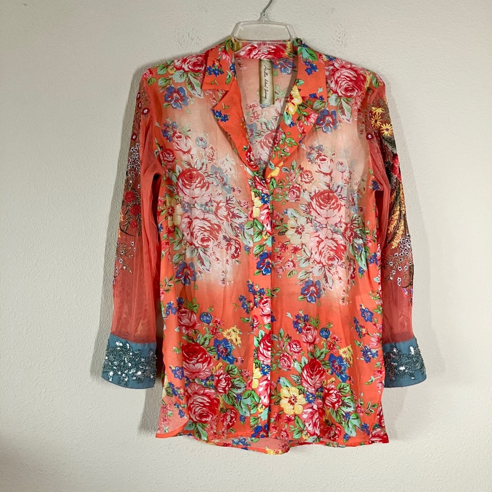 ARATTA Silent Journey Floral Button Up Blouse M Embroidered Mesh Sleeve Boho